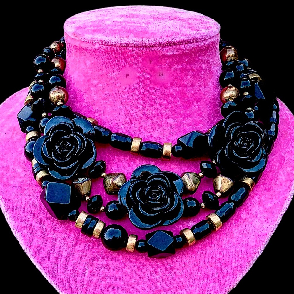 vintage black resin rosette necklace and vintage black resin beaded strand